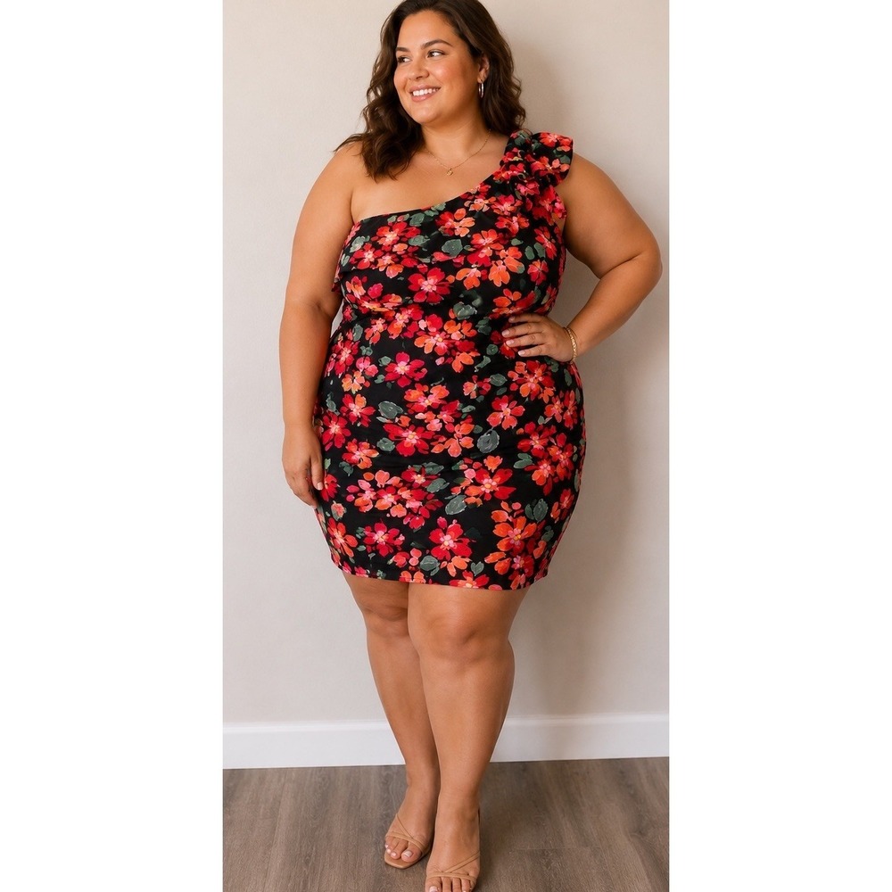 Emily Wonder Plus Size Floral Dress One Shoulder 1x Orange Pink Black Green